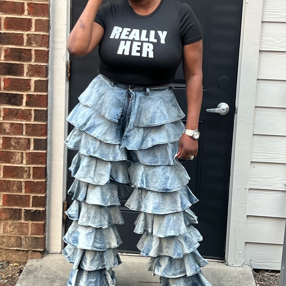 Black Graphic Tee and Layered Denim Pants